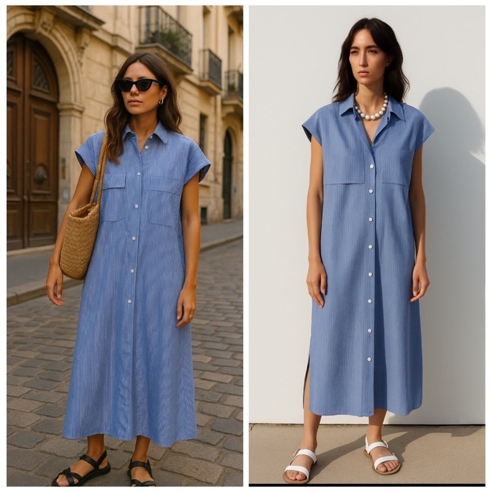 ZARA Blue Stripe Button Front Maxi Shirt Dress XS Oversized NWT